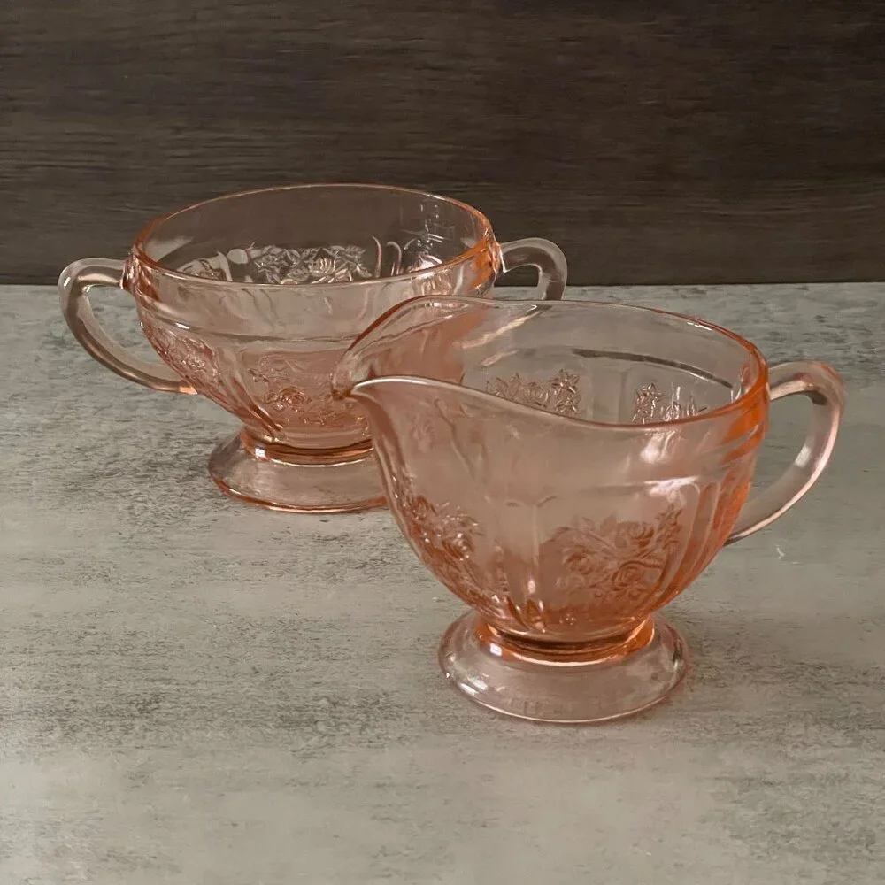 Vintage Federal Glass Pink Sharon Cabbage Rose Creamer Open Sugar Bowl 2-pc Set